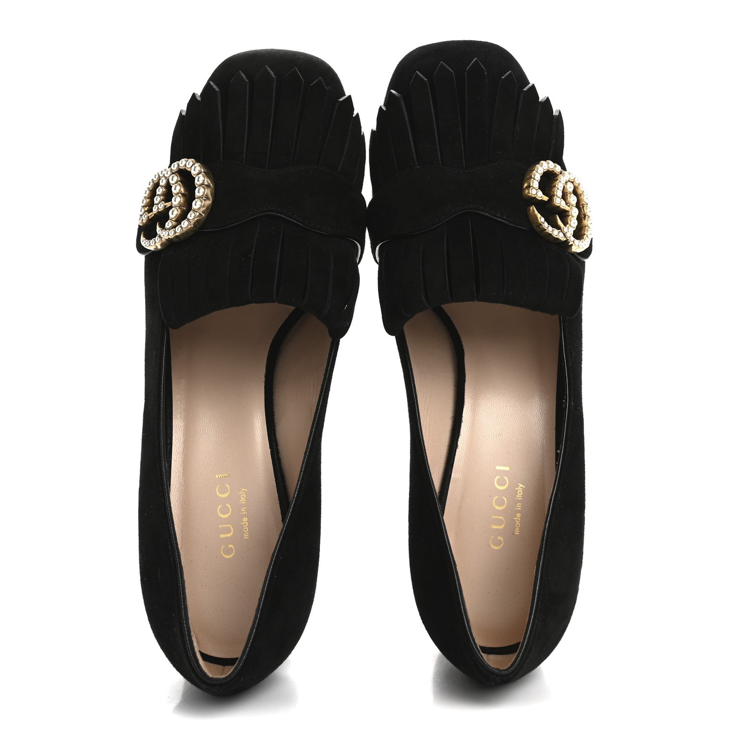 Kid Scamosciato Pearly GG Marmont Fringe 50mm Loafer Pumps 35.5 Black