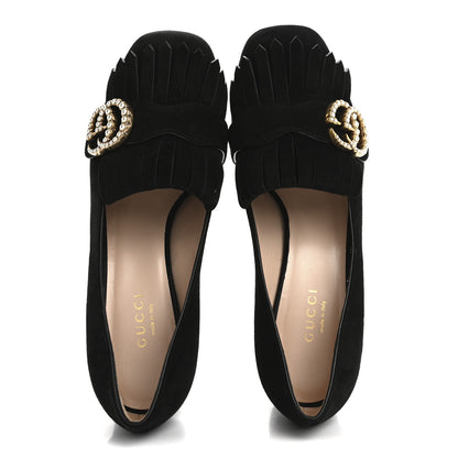 Gucci Kid Scamosciato Pearly GG Marmont Fringe 50mm Loafer Pumps 35.5 Black 2 of 12