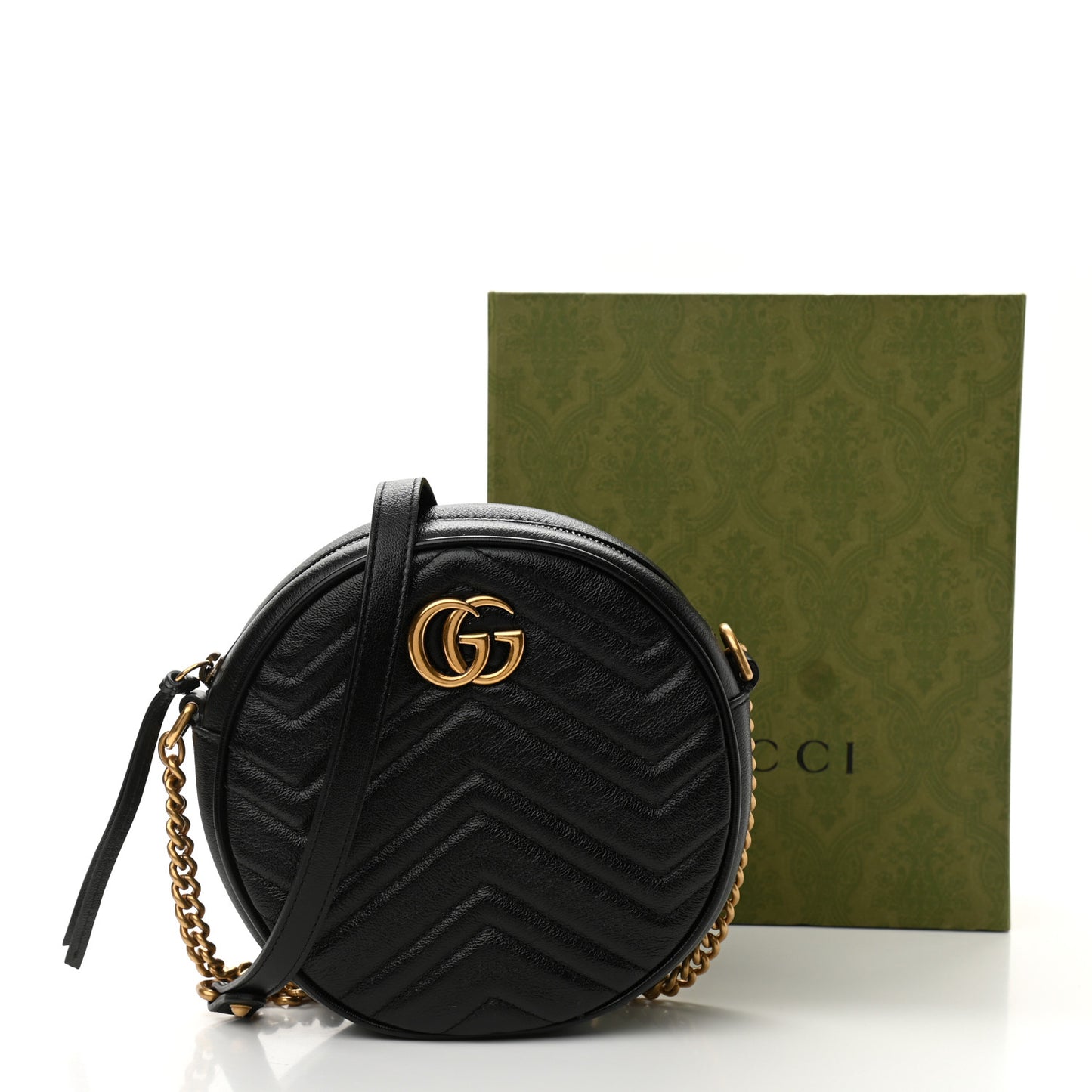 Azalea Calfskin Matelasse Heart Mini GG Marmont Round Shoulder Bag Black