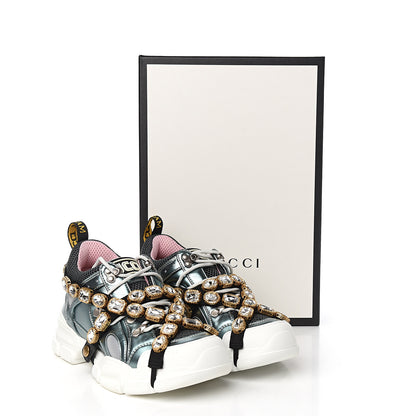 Gucci X SEGA Metallic Calfskin Removable Crystals Womens Flashtrek Sneakers 38 Lago Loess Silver 9 of 9