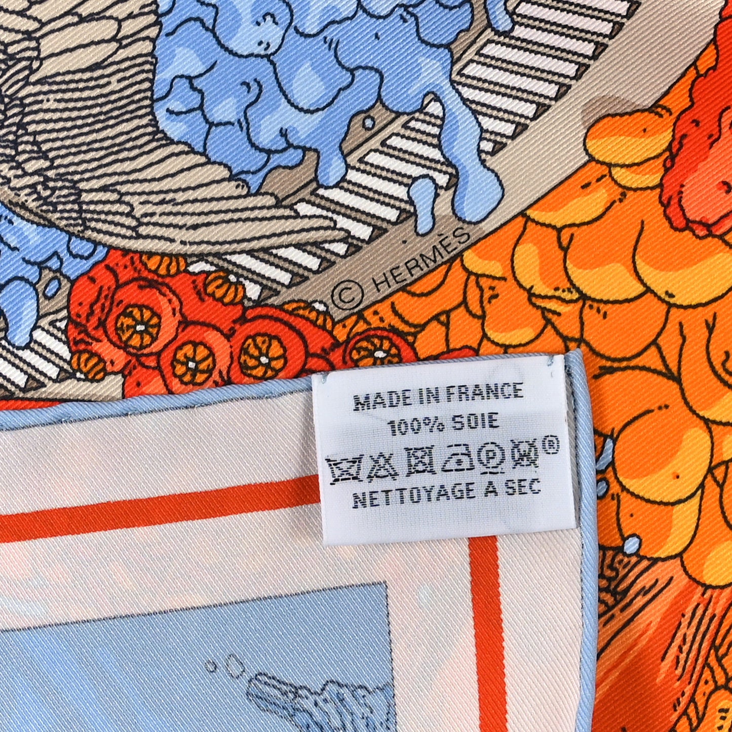 Vintage Silk Ex Libris Atlantis Scarf 70 Ciel Orange Mastic