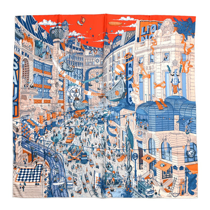 Hermes Silk Le Grand Prix du Faubourg Scarf 90 Orange Bleu White 1 of 4