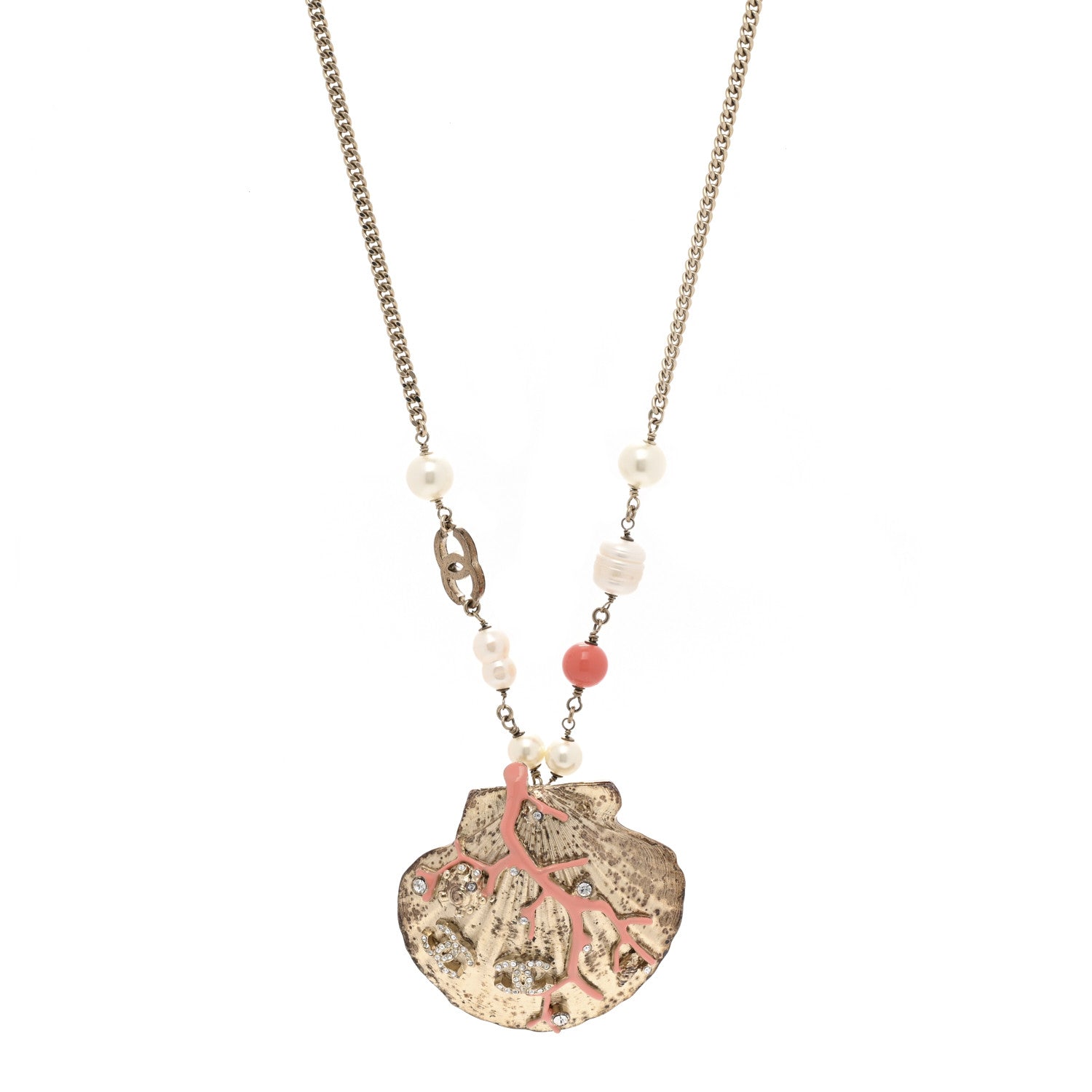 Chanel Crystal Pearl Shell Necklace Gold 1 of 6
