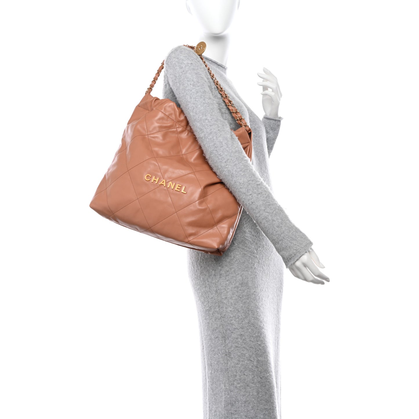Shiny Calfskin Quilted Chanel 22 Camel