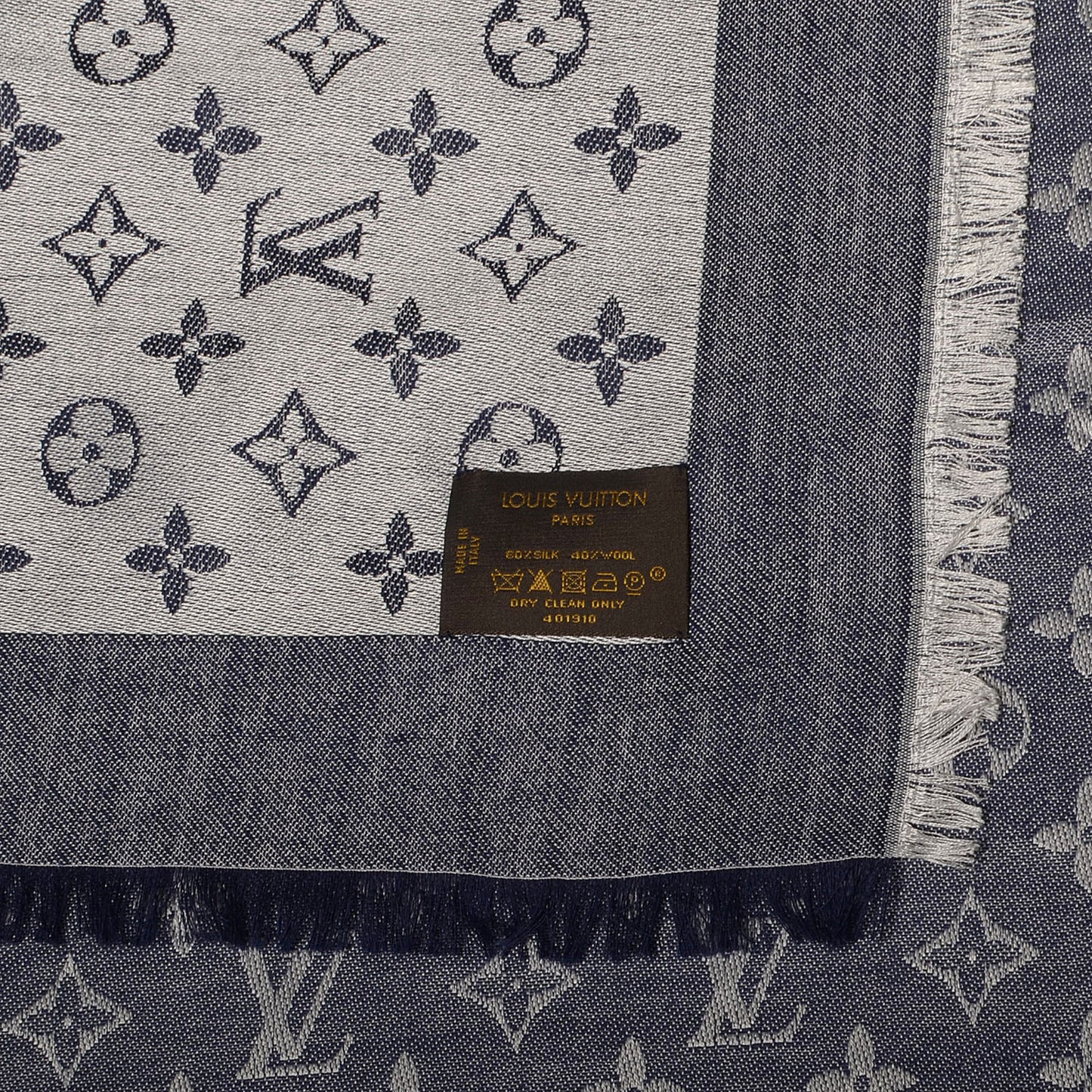 Wool Silk Monogram Denim Shawl Blue
