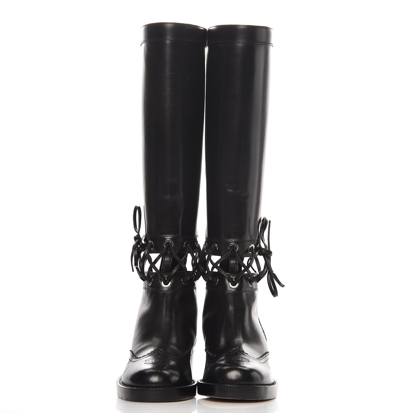 Calfskin Lace Up Knee High Boots 36 Black