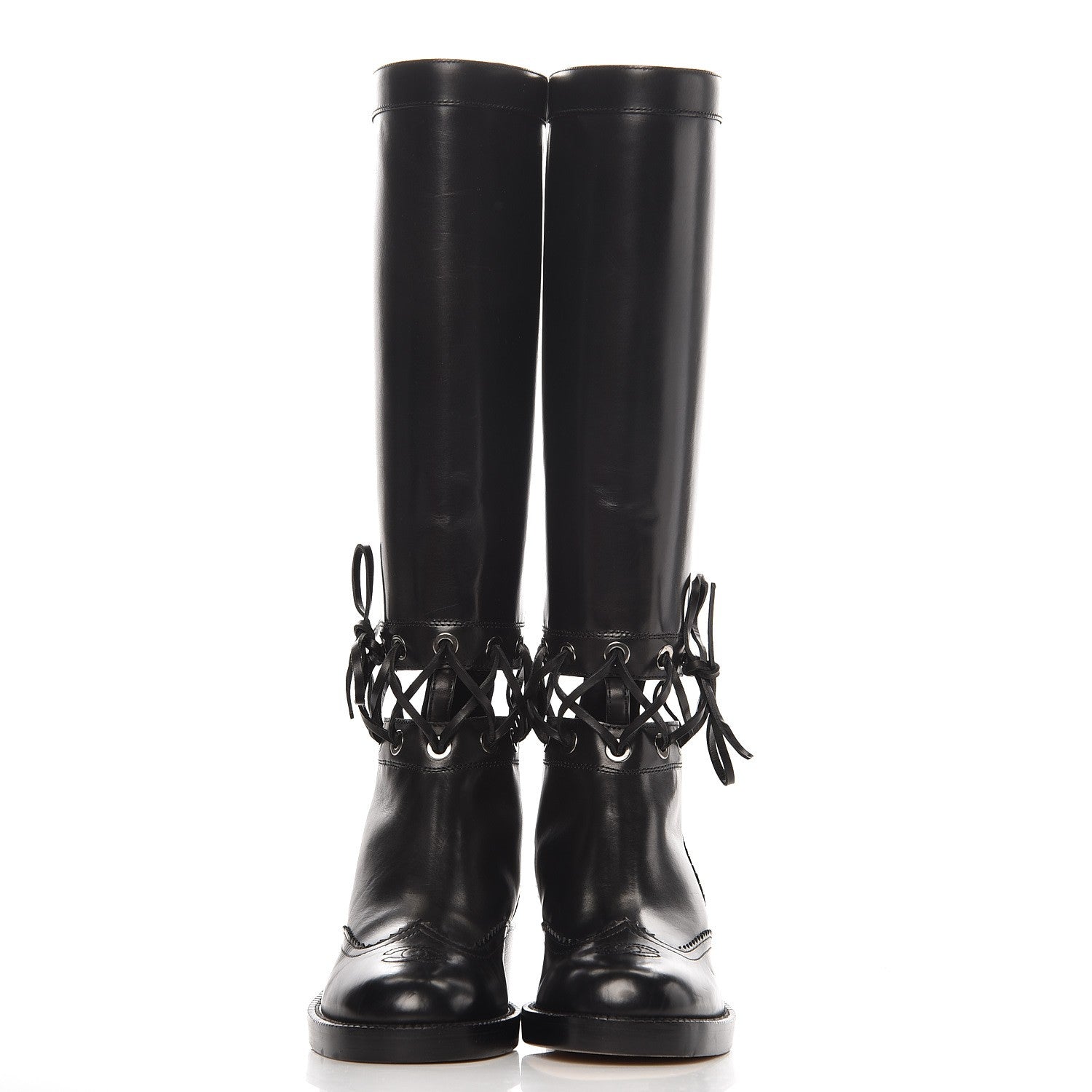 Chanel Calfskin Lace Up Knee High Boots 36 Black 3 of 9