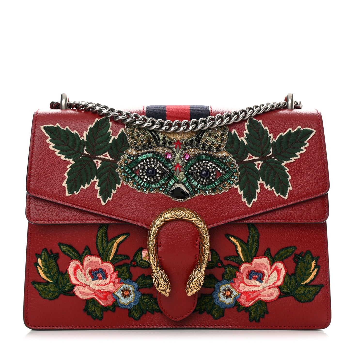 Calfskin Web Raccoon Embroidered Medium Dionysus Shoulder Bag Red