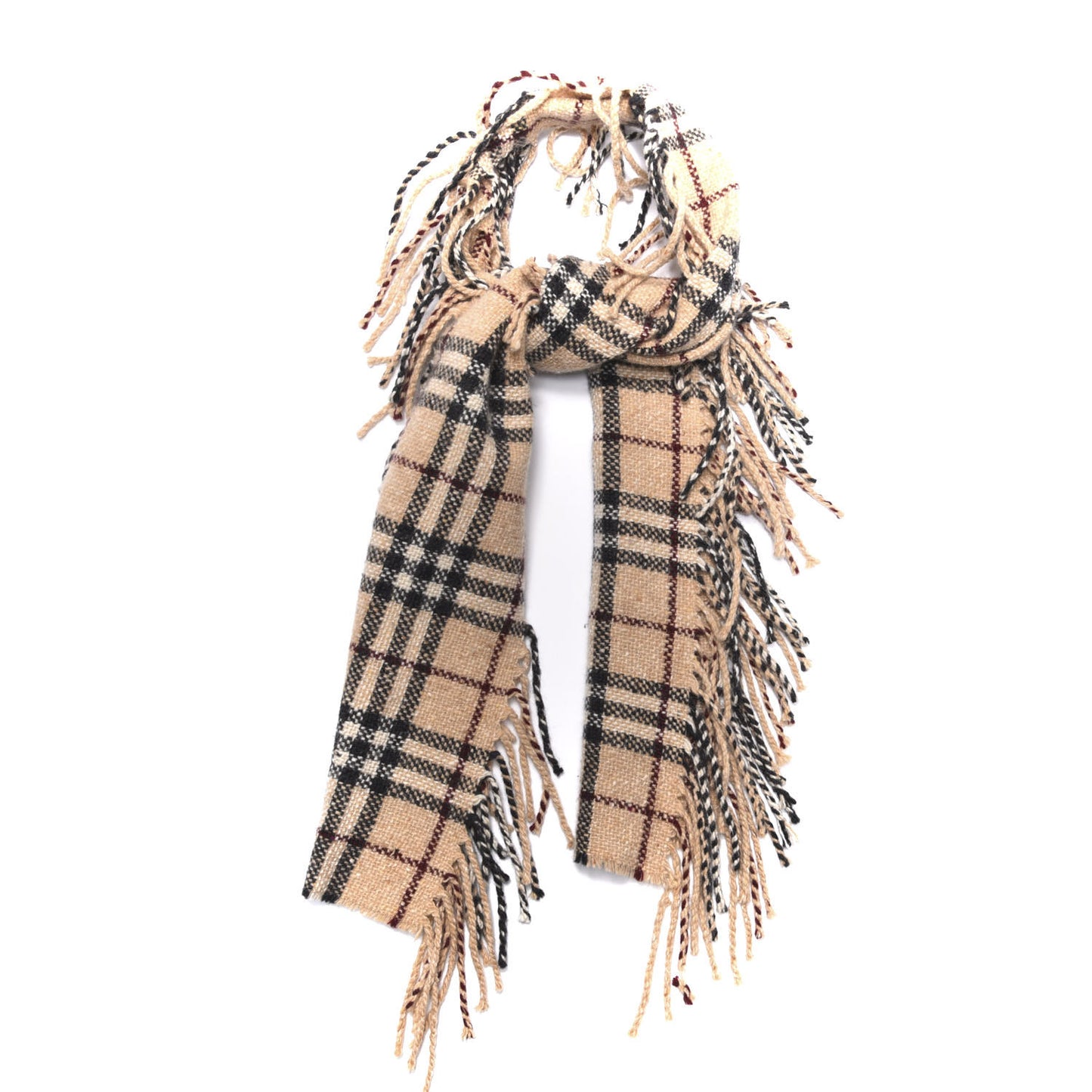 Wool Angora Cashmere Check Fringe Scarf Camel