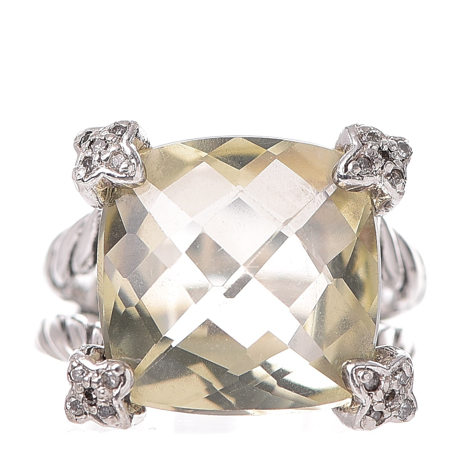 David Yurman Sterling Silver Diamond Prasiolite 15mm Cushion On Point Ring 53.5 6.5 1 of 5