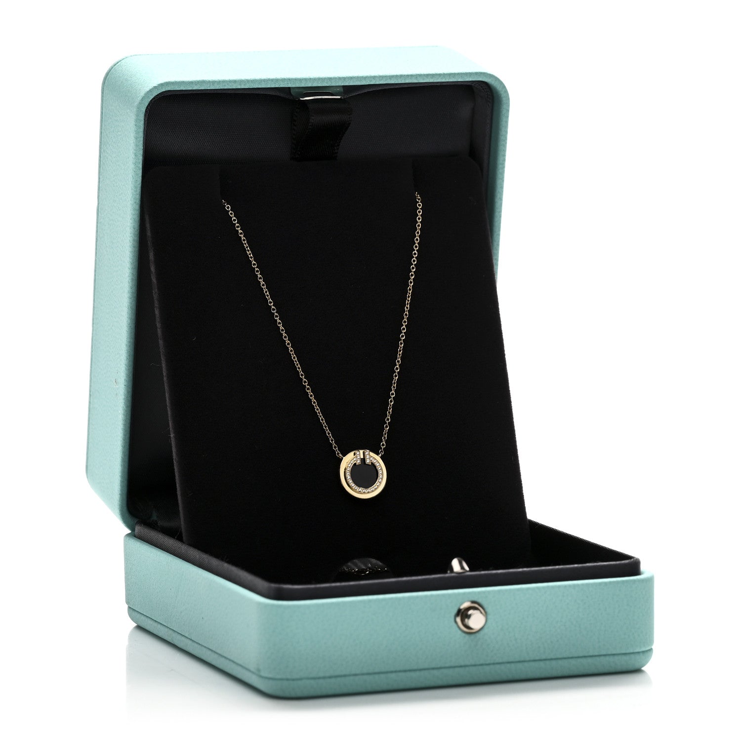 Tiffany 18K Yellow Gold Diamond Black Onyx Small T Circle Pendant Necklace 6 of 6