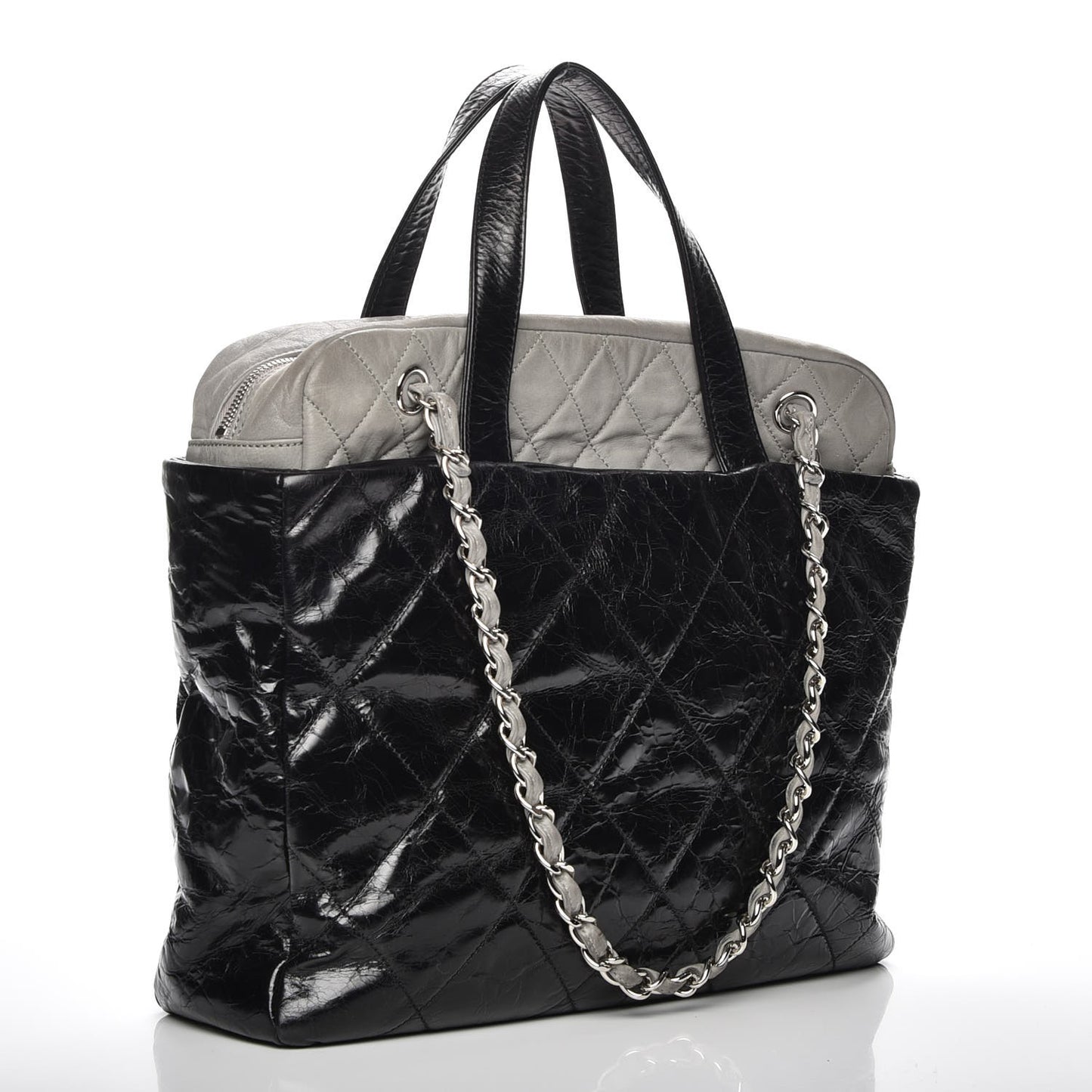 Glazed Calfskin Lambskin Quilted Portobello Tote Black Grey