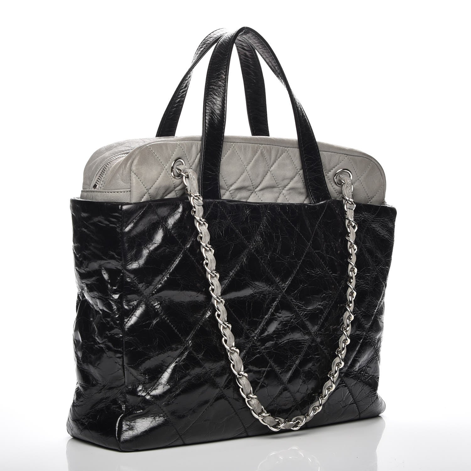 Chanel Glazed Calfskin Lambskin Quilted Portobello Tote Black Grey 4 of 11