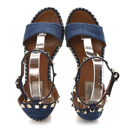 Valentino Garavani Denim Rockstud Ankle Strap Espadrille 15/105mm Wedge Sandals 39 Light Denim 2 of 9