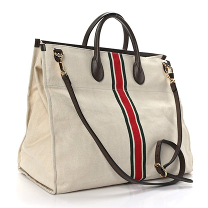 Gucci Linen Heavy Canvas Textured Dollar Calfskin Web Large Retro Interlocking G Foldable Tote Light Beige New Acero 3 of 9
