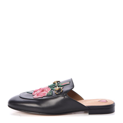 Gucci Calfskin Flower Embroidered Princetown Slippers 38.5 Black 1 of 9