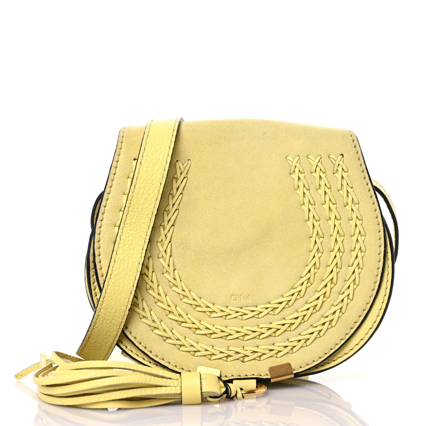 Suede Calfskin Braided Mini Marcie Round Crossbody Bag Yellow