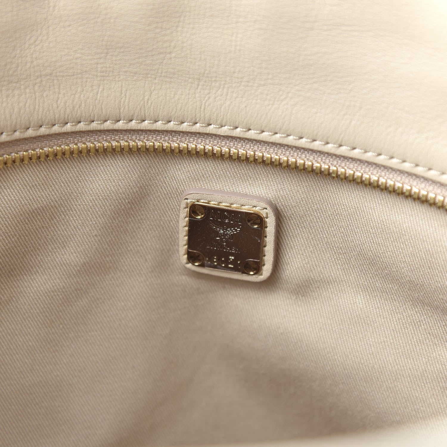MCM Visetos Medium Studded Rabbit Top Zip Shopper Tote Beige 7 of 8