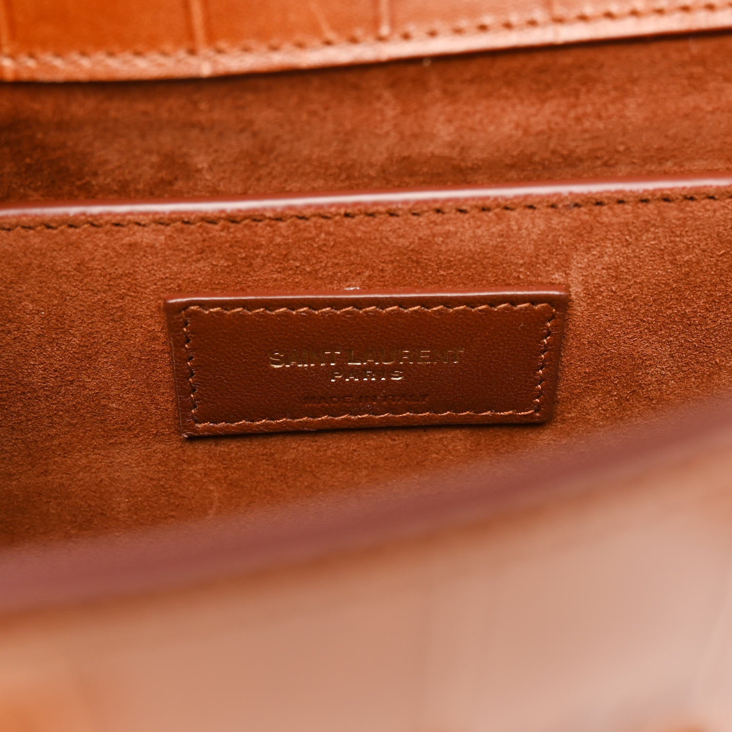 Saint Laurent Shiny Calfskin Crocodile Embossed Small Manhattan Baguette Dark Caramel 5 of 9