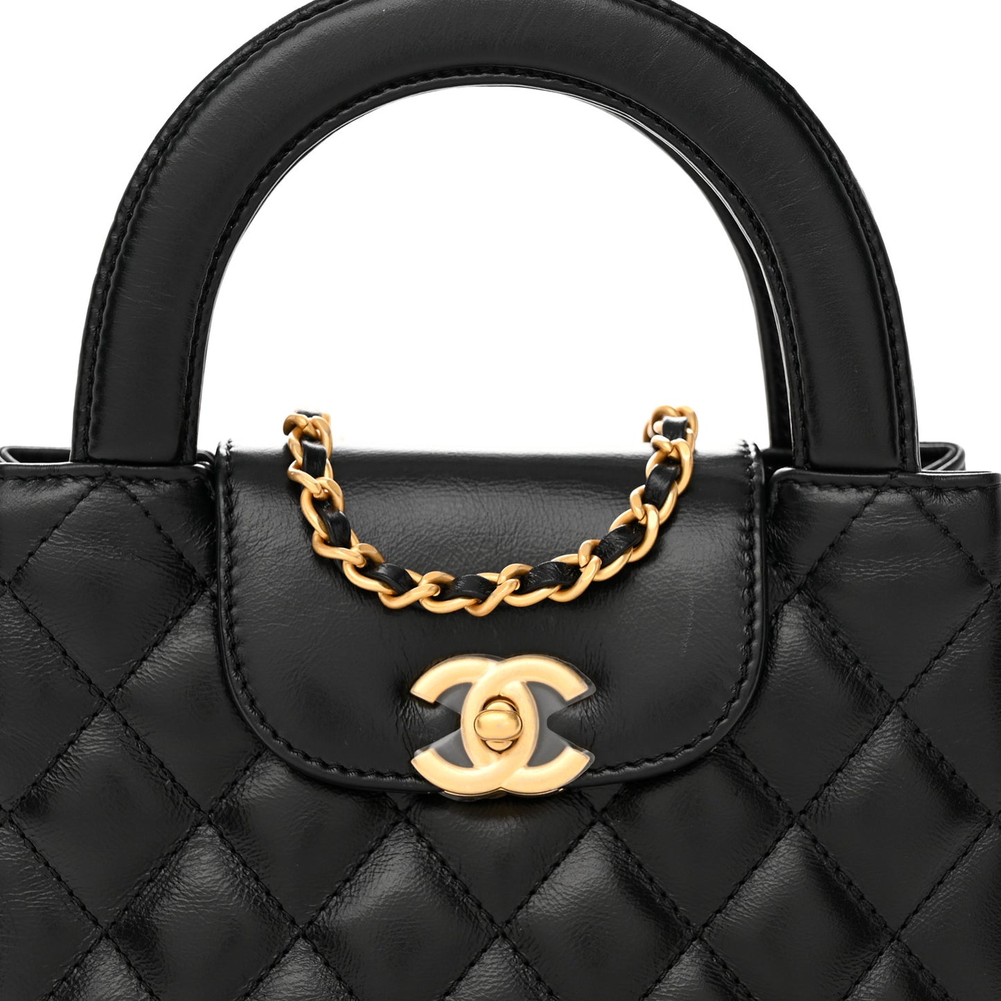 Shiny Aged Calfskin Quilted Nano Kelly Shopper Black