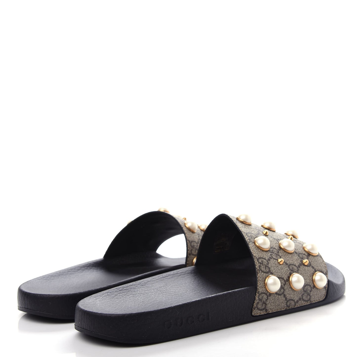 GG Supreme Monogram Pearls Slide Sandals 42 Beige