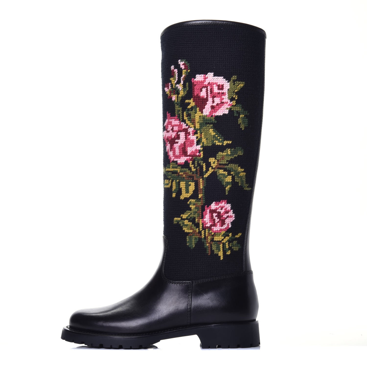 Saint Laurent Woven Wool Embroidered Calfskin Knee High Boot 36.5 Black 1 of 7