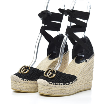 Gucci Cotton Crochet Pearly GG Ankle Wrap Platform Espadrille Wedges 35 Black 3 of 6