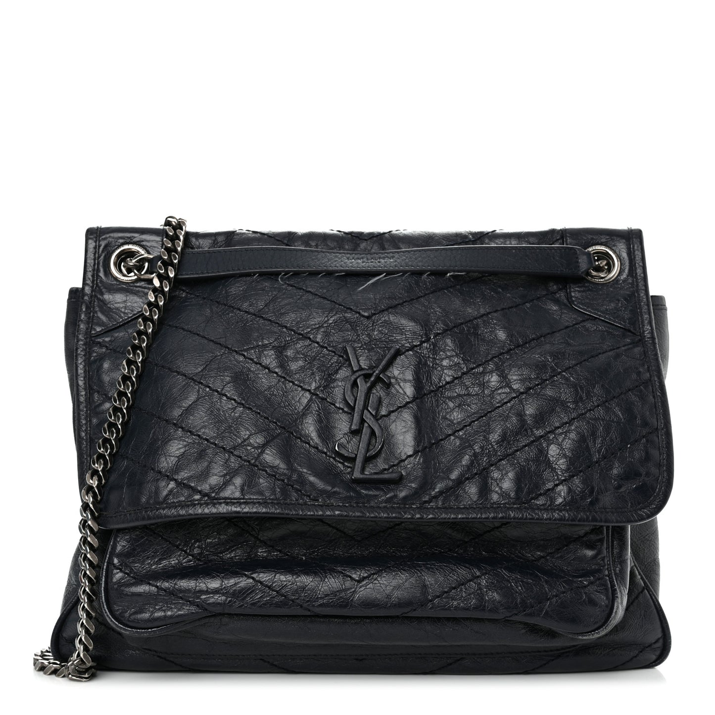 Crinkled Calfskin Matelasse Monogram Large Niki Chain Satchel Deep Marine