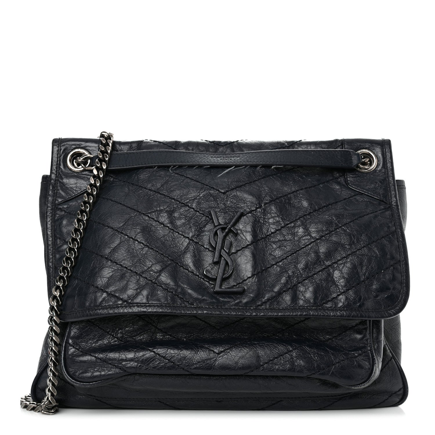 Saint Laurent Crinkled Calfskin Matelasse Monogram Large Niki Chain Satchel Deep Marine 1 of 16