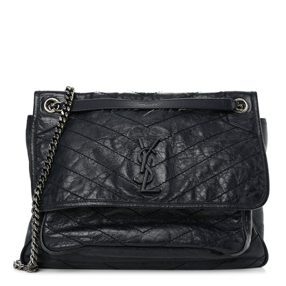 Saint Laurent Crinkled Calfskin Matelasse Monogram Large Niki Chain Satchel Deep Marine 1 of 16