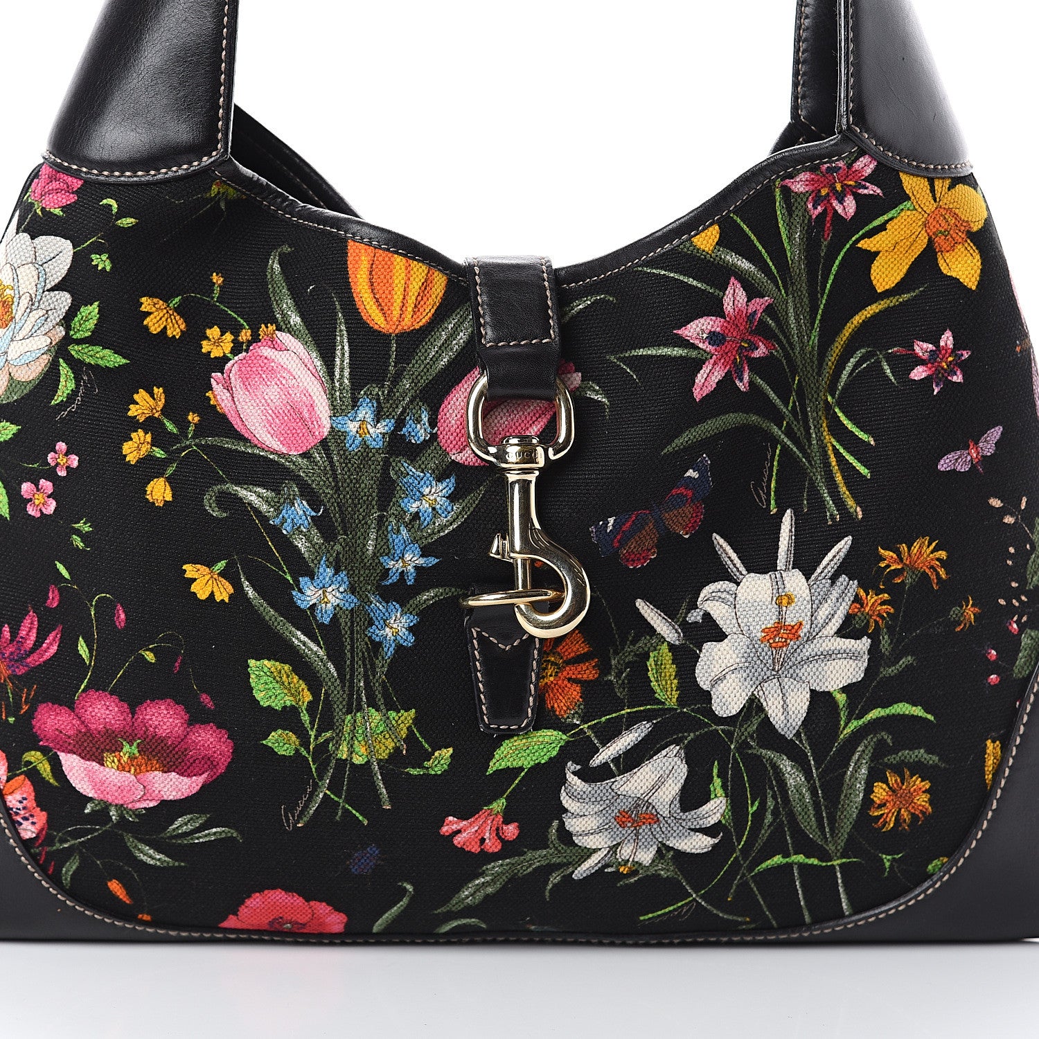 Gucci Canvas Floral Flora Medium Jackie O Bouvier Hobo Black 6 of 8