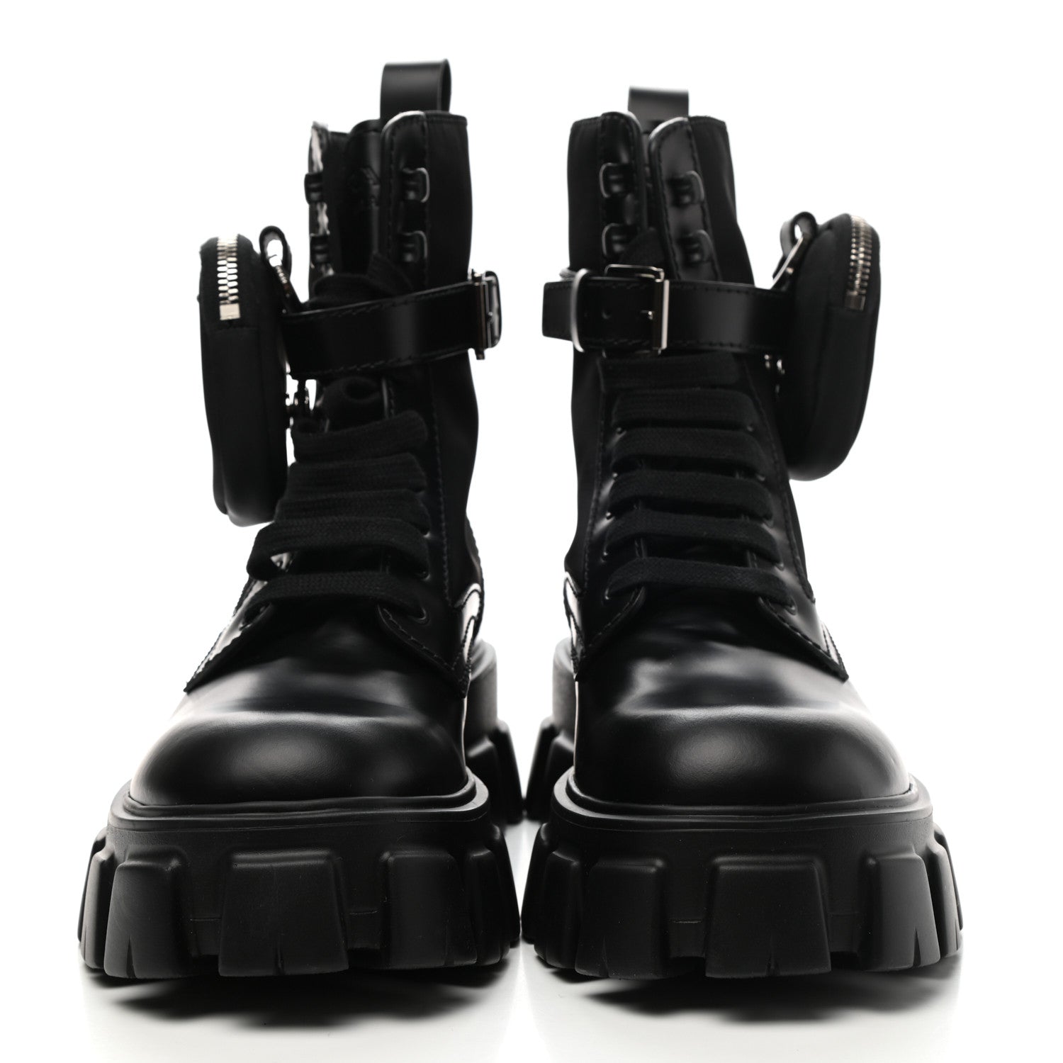 Prada Spazzolato Rois Re-Nylon Metal Triangle Logo Mens Monolith Pouch Pocket 60mm Combat Boots 7 Black 2 of 14