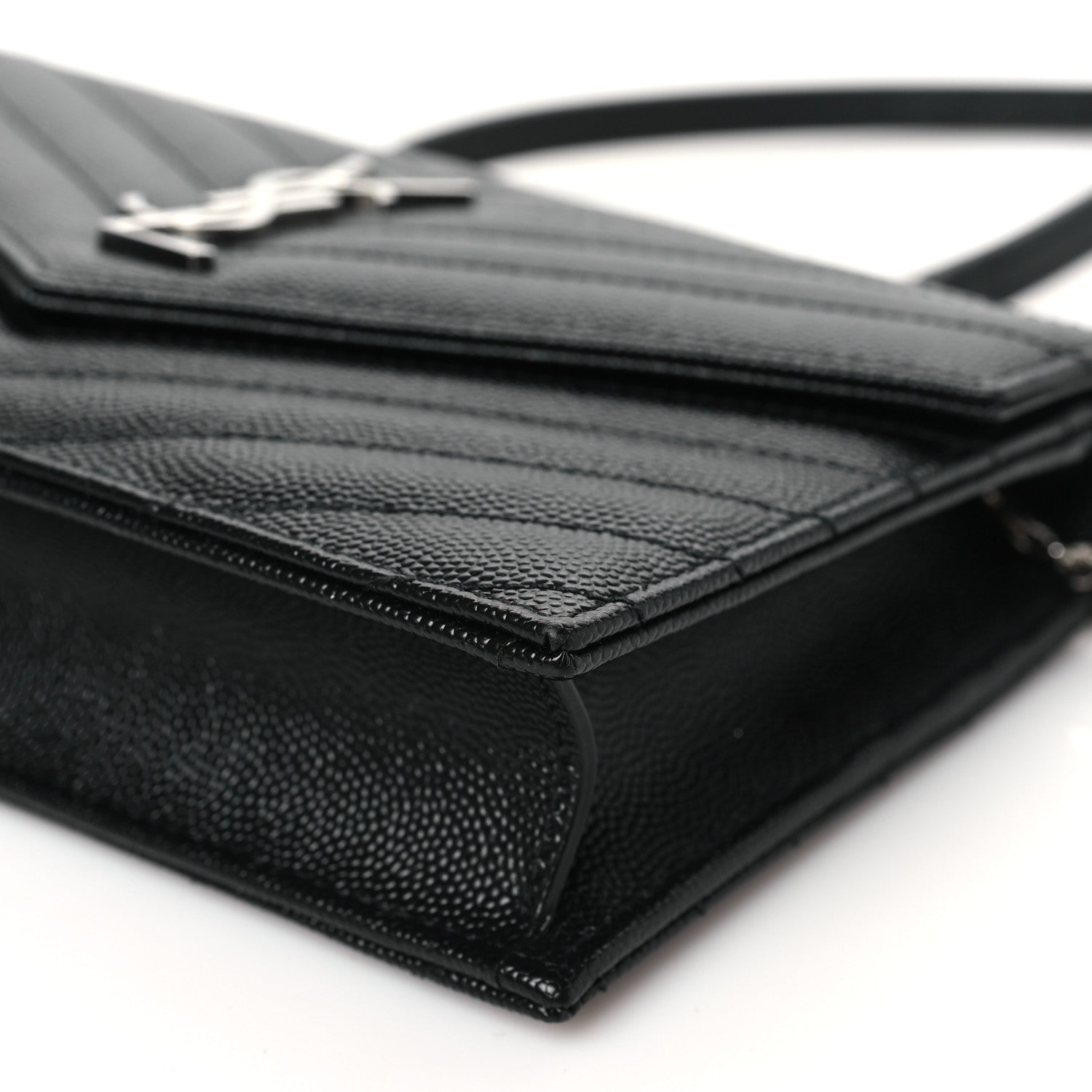 Saint Laurent Grain De Poudre Matelasse Chevron Monogram Envelope Chain Wallet Black 9 of 10