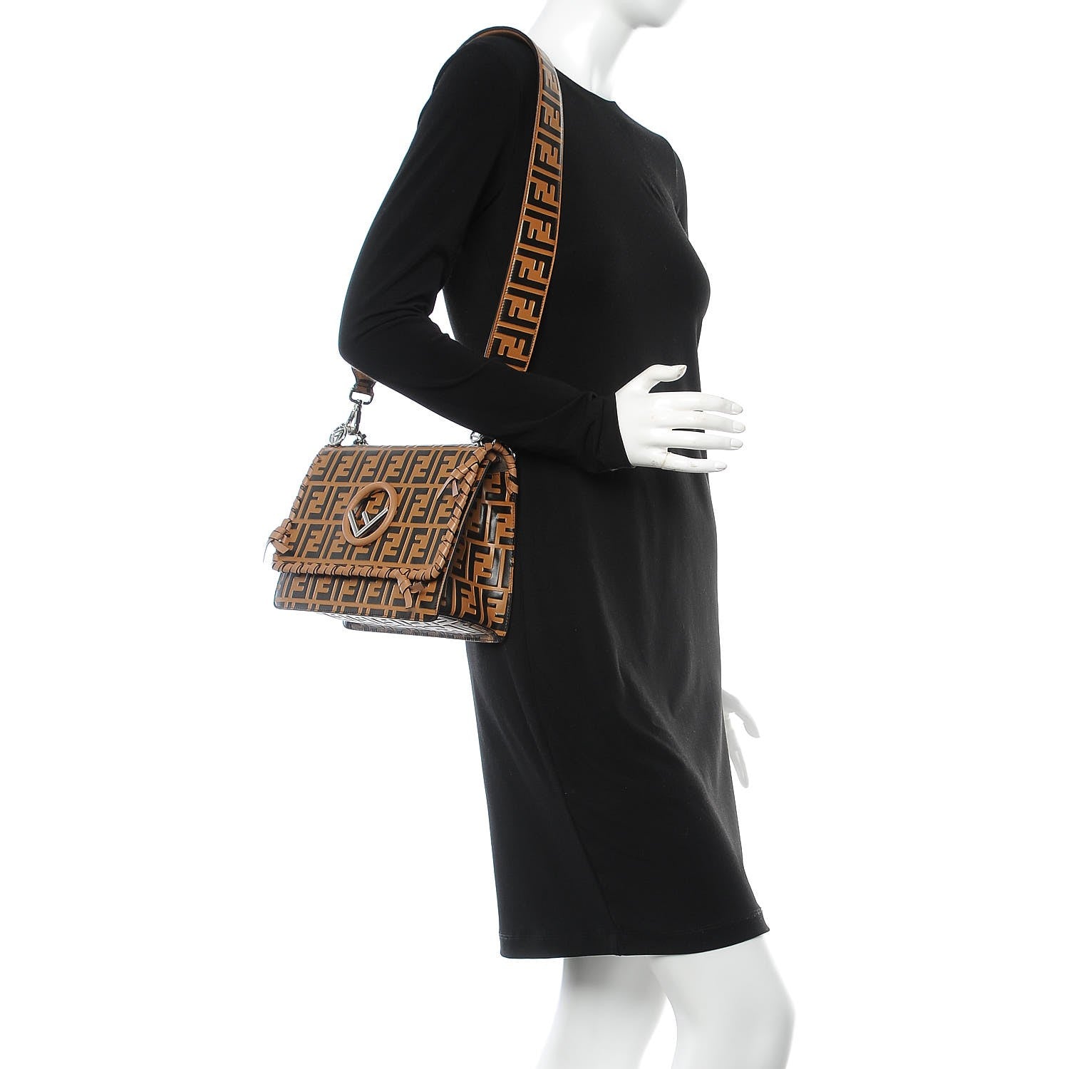 Fendi Vitello Century F is Fendi Whipstitch Threads FF Embossed Kan I Shoulder Bag Tobacco Orzo 3 of 9