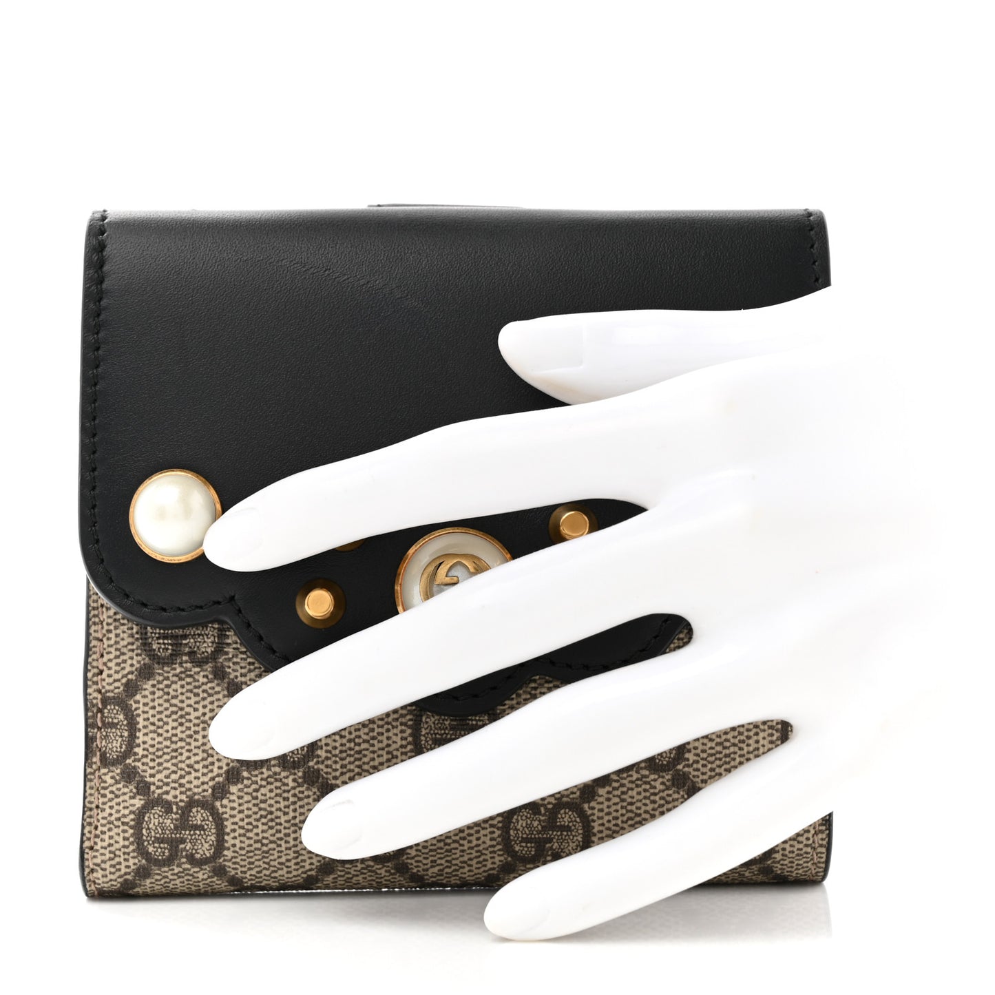GG Supreme Monogram Pearl Studded French Wallet Black
