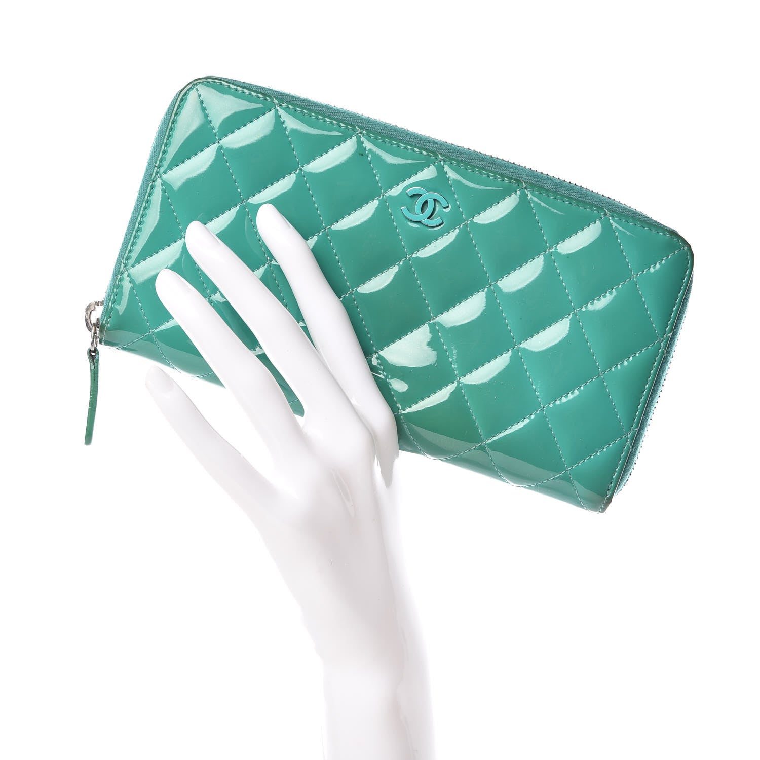 Chanel Patent Calfskin Quilted Large Gusset Zip Around Wallet Green 2 of 19