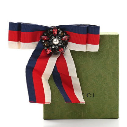Gucci Grosgrain Web Crystal Bow Brooch Red White Blue 6 of 6