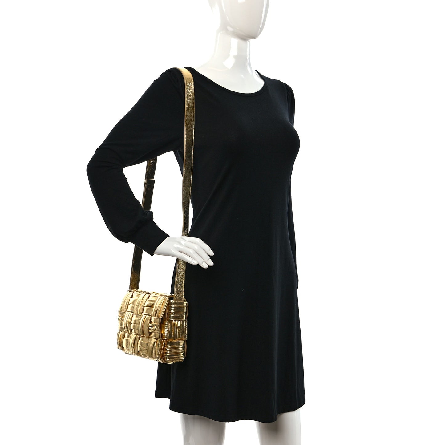 Metallic Calfskin Intreccio Plisse Cassette Crossbody Bag Gold