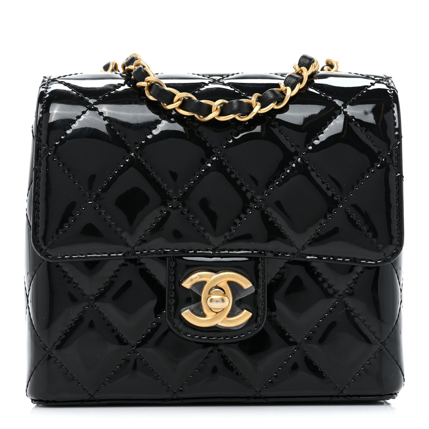 Patent Calfskin Quilted Mini Square Flap Black