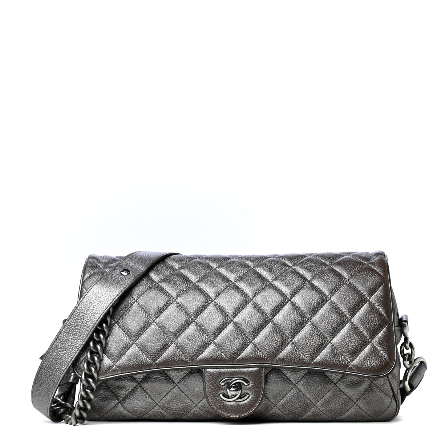 Metallic Calfskin Quilted Jumbo Chain Detail Flap Silver