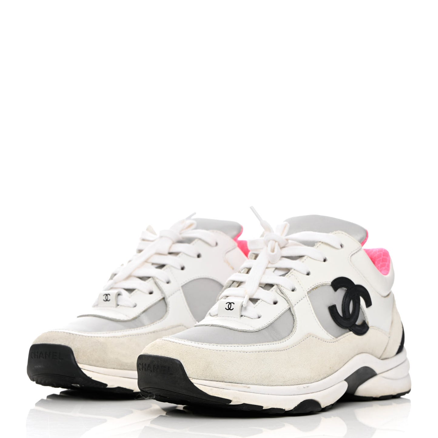 Calfskin Fabric Sneakers 39 White Silver Fluo Pink