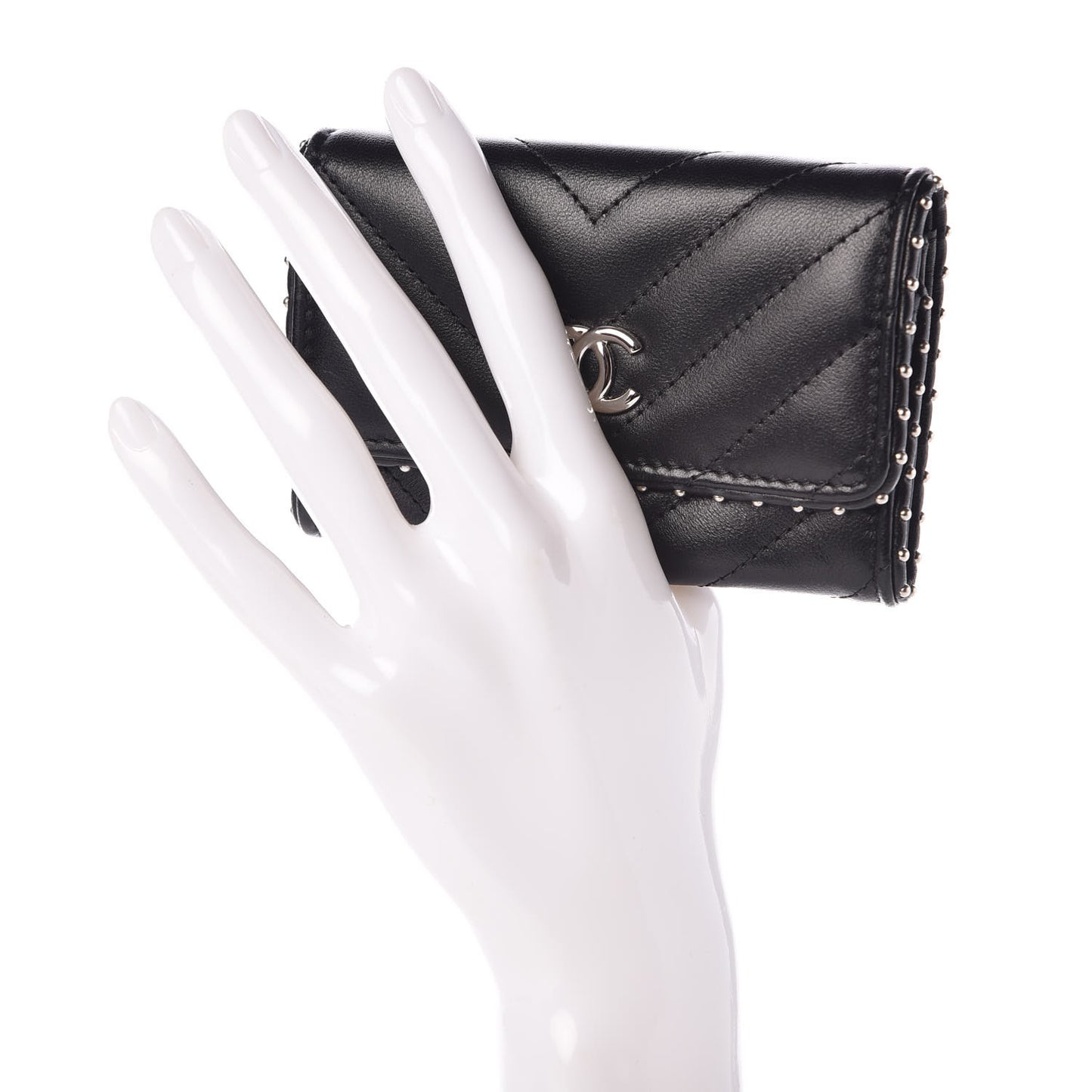 Lambskin Chevron Quilted Studded Card Holder Black