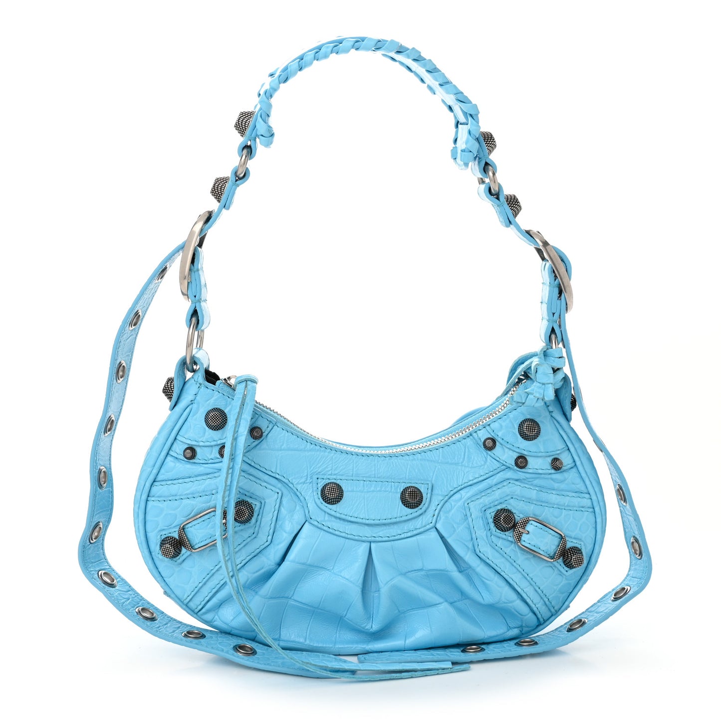 Extra Supple Calfskin Crocodile Embossed Le Cagole Shoulder Bag XS Sky Blue