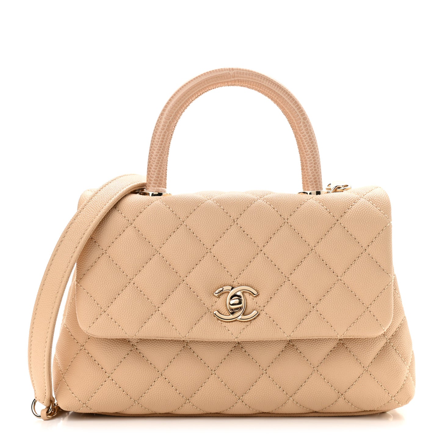 Caviar Lizard Embossed Quilted Mini Coco Handle Flap Beige