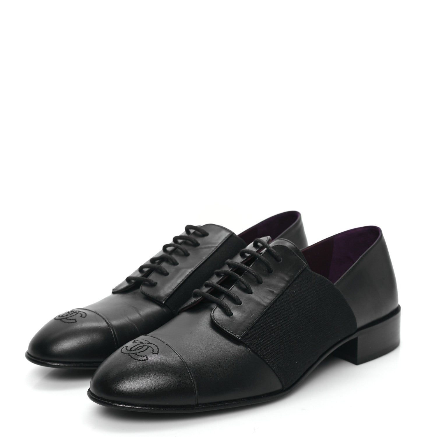 Chanel Calfskin Elastic Lace Up Cap Toe CC Loafers 38.5 Black 3 of 10