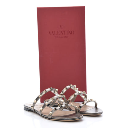 Valentino Garavani Metallic Nappa Rockstud Caged Flat Slide Sandals 36.5 Sasso 9 of 9