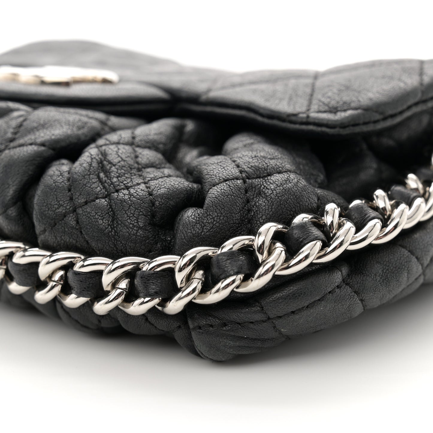 Washed Lambskin Quilted Mini Chain Around Flap Black