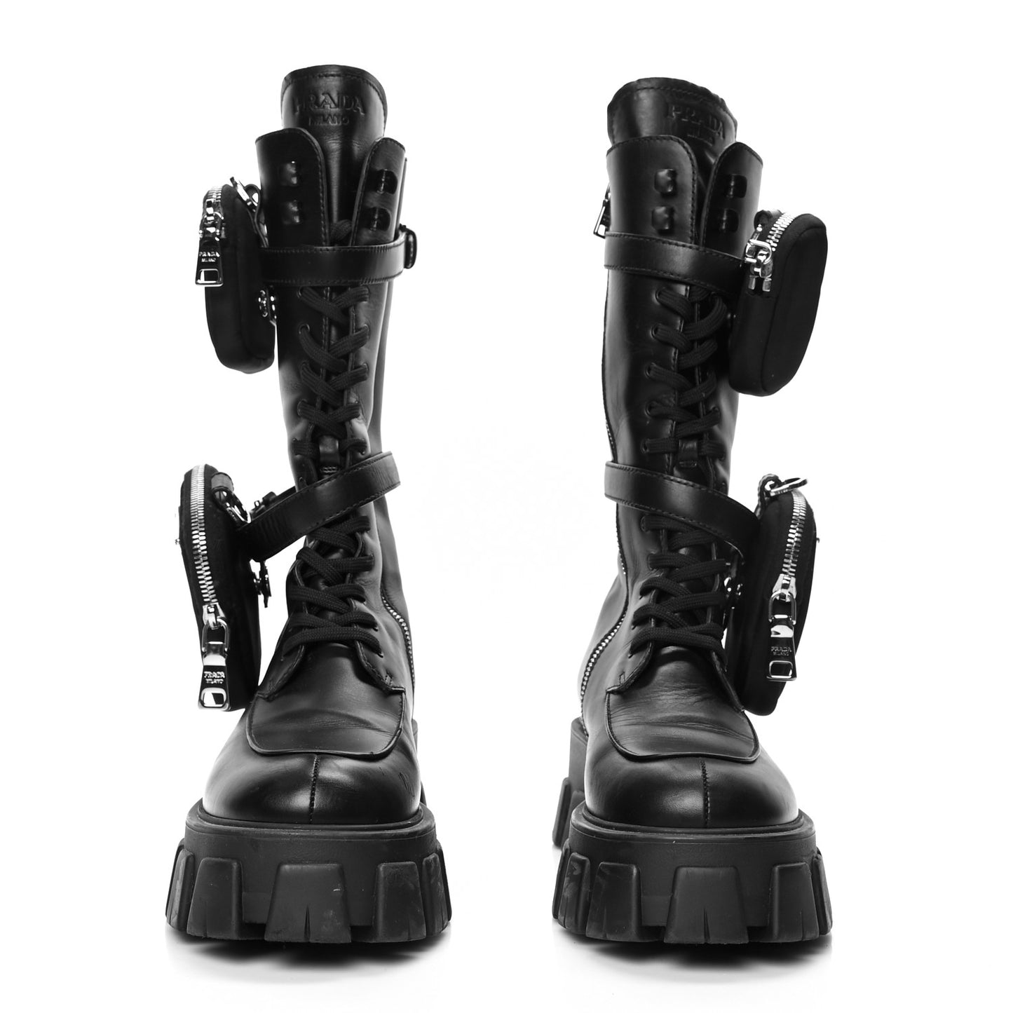 Vitello Lux Nylon Metal Triangle Logo Monolith Pouch Pocket 55mm Tall Combat Boots 38.5 Black