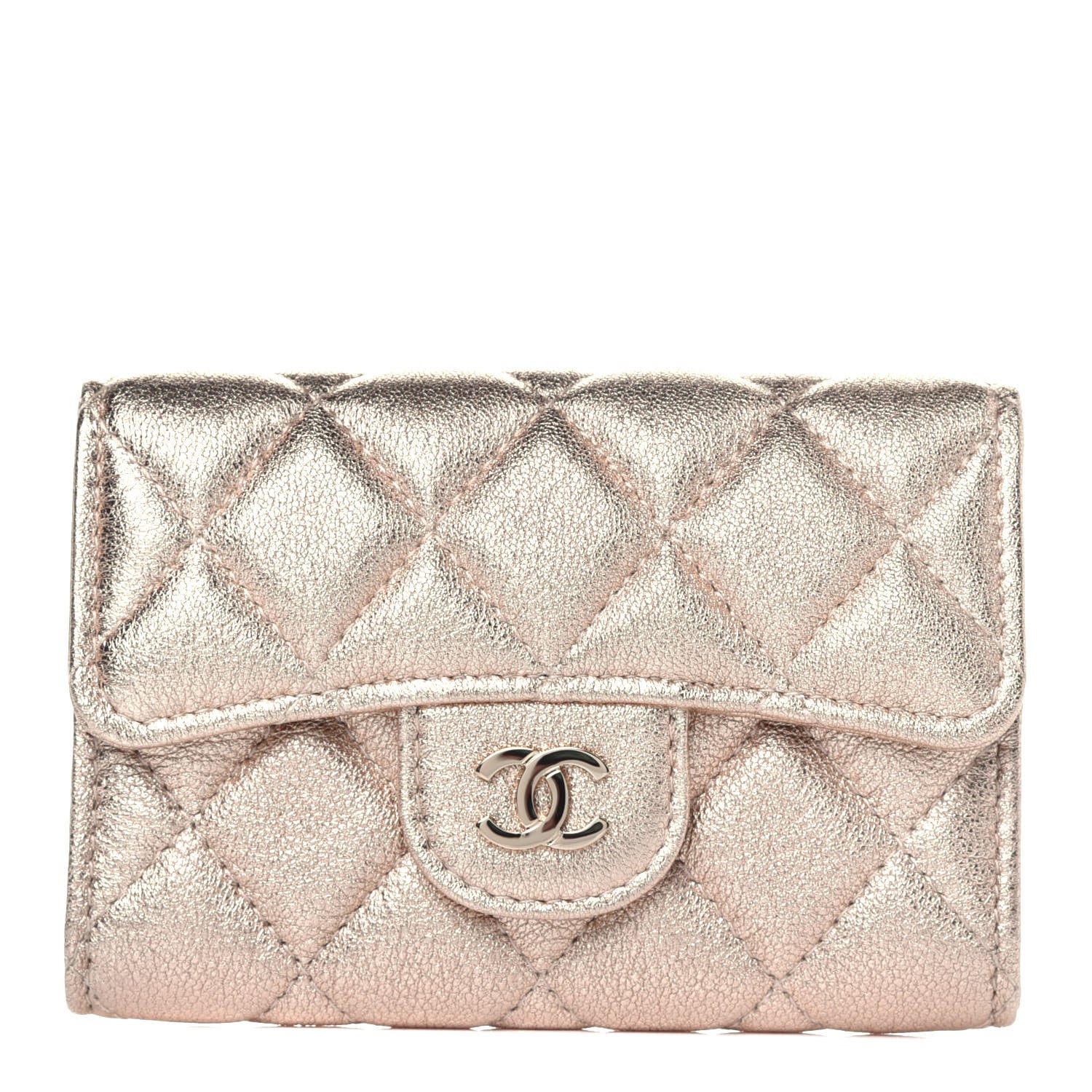 Chanel Metallic Lambskin Quilted Flap Card Holder Wallet Gold 1 of 8