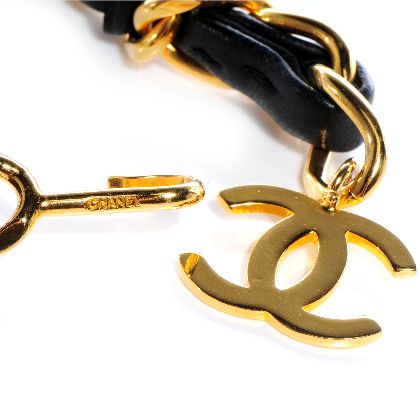 Leather Chain CC Belt Black Gold
